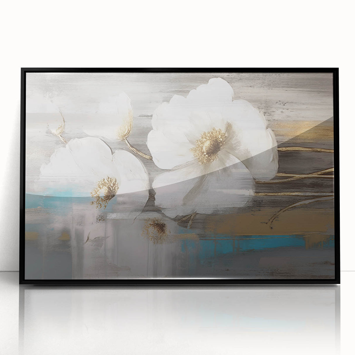 Framed wall art showcasing an abstract design with colorful strokes and lines in a modern black frame, perfect for contemporary decor.