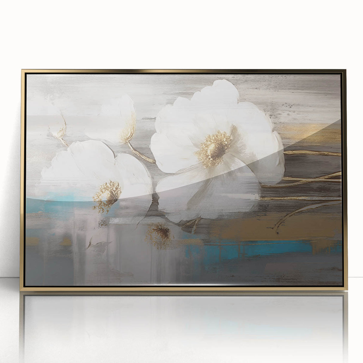 Framed wall art featuring an abstract design of colorful strokes and lines in gold and black, elegantly displayed against a modern backdrop.