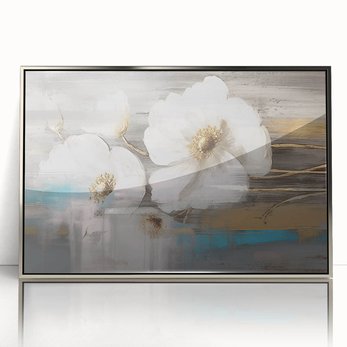 Framed abstract wall art featuring dynamic strokes and lines in silver and gray tones, adding modern elegance to any space.