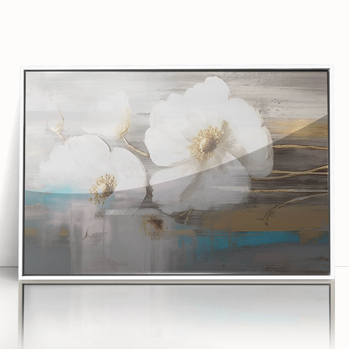 Framed abstract wall art featuring colorful strokes and lines in a modern design, highlighted by a sleek white frame, perfect for contemporary decor.