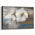 Framed canvas wall art showcasing an abstract design of colorful strokes and lines, featuring a sleek black frame and side view profile.