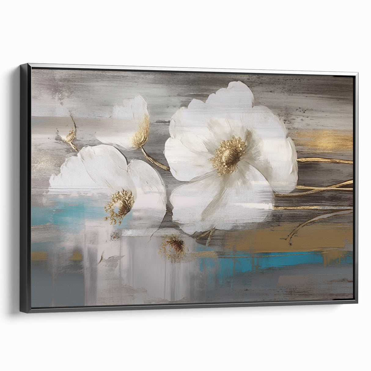 Framed canvas wall art showcasing an abstract design of colorful strokes and lines, featuring a sleek black frame and side view profile.