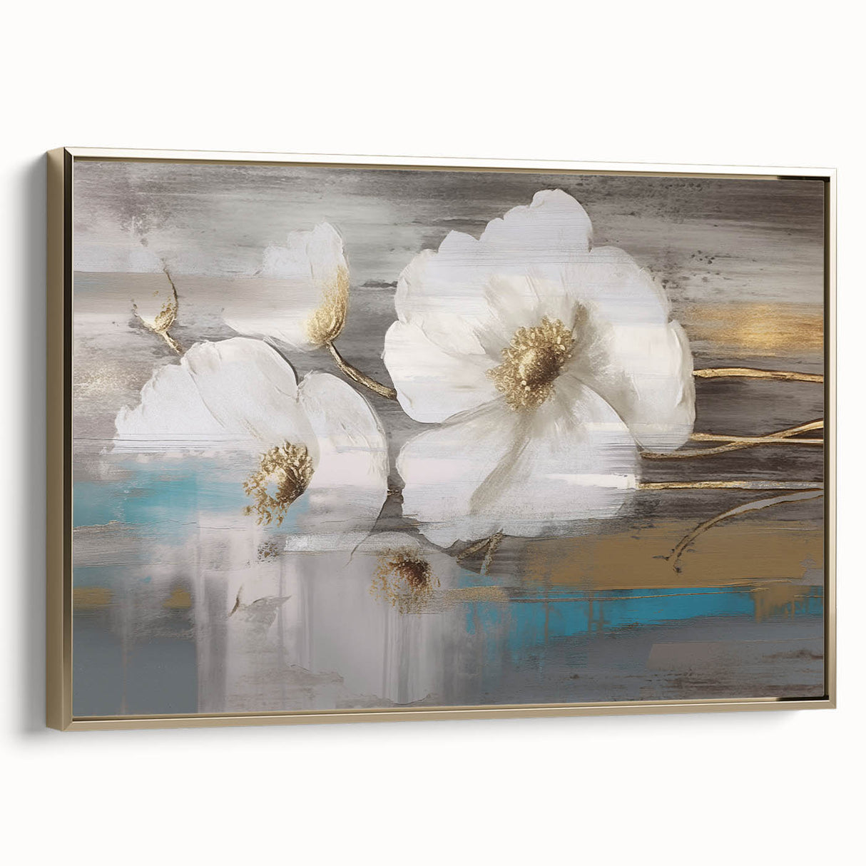 Framed wall art featuring an abstract design of gold strokes and lines against a dark background, creating a modern and elegant aesthetic.