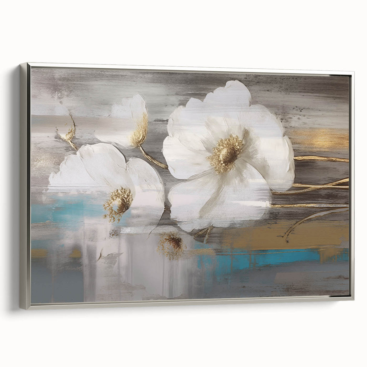 Framed abstract wall art showcasing elegant silver strokes and lines on a textured canvas, perfect for modern home decor.