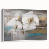 Framed abstract wall art featuring colorful strokes and lines on canvas, showcasing a modern design with a white frame, enhancing contemporary decor.
