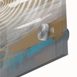 Close-up of an abstract wall art design showcasing vibrant strokes and lines in hues of blue, pink, and gold, perfect for modern decor.