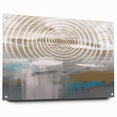 Abstract wall art featuring colorful strokes and lines on acrylic glass, showcasing a modern design with a side view and pin attachments.