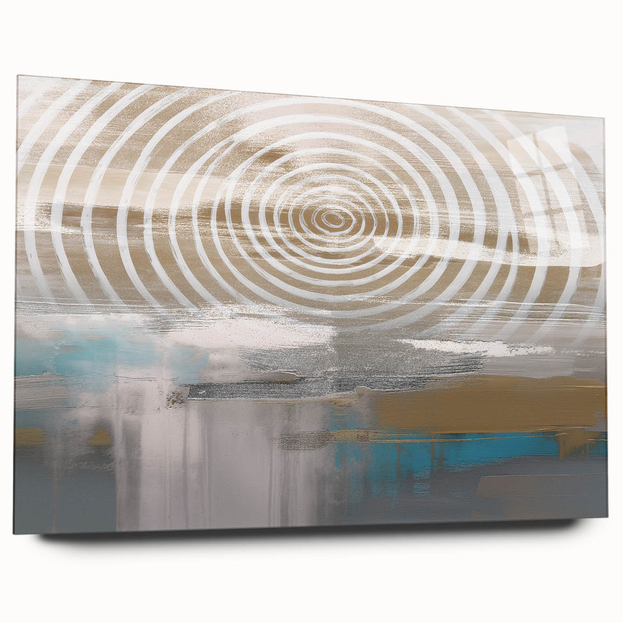 Abstract wall art featuring colorful strokes and lines, displayed in a side view on acrylic glass, ideal for modern decor.