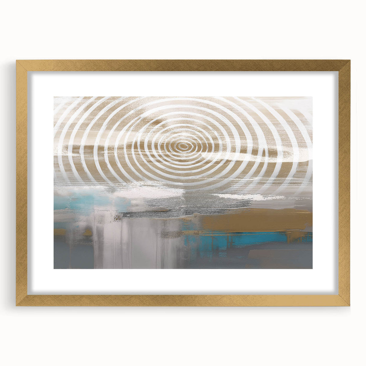 Framed abstract wall art featuring colorful strokes and lines in gold and white, ideal for modern home decor and stylish interiors.