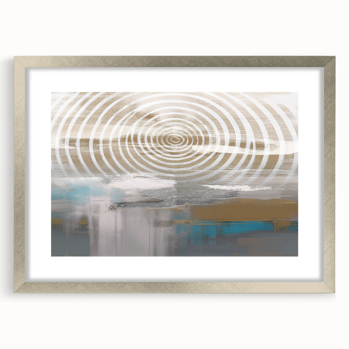 Framed abstract wall art featuring colorful strokes and lines in a modern design, set in a sleek silver frame with a white mat.