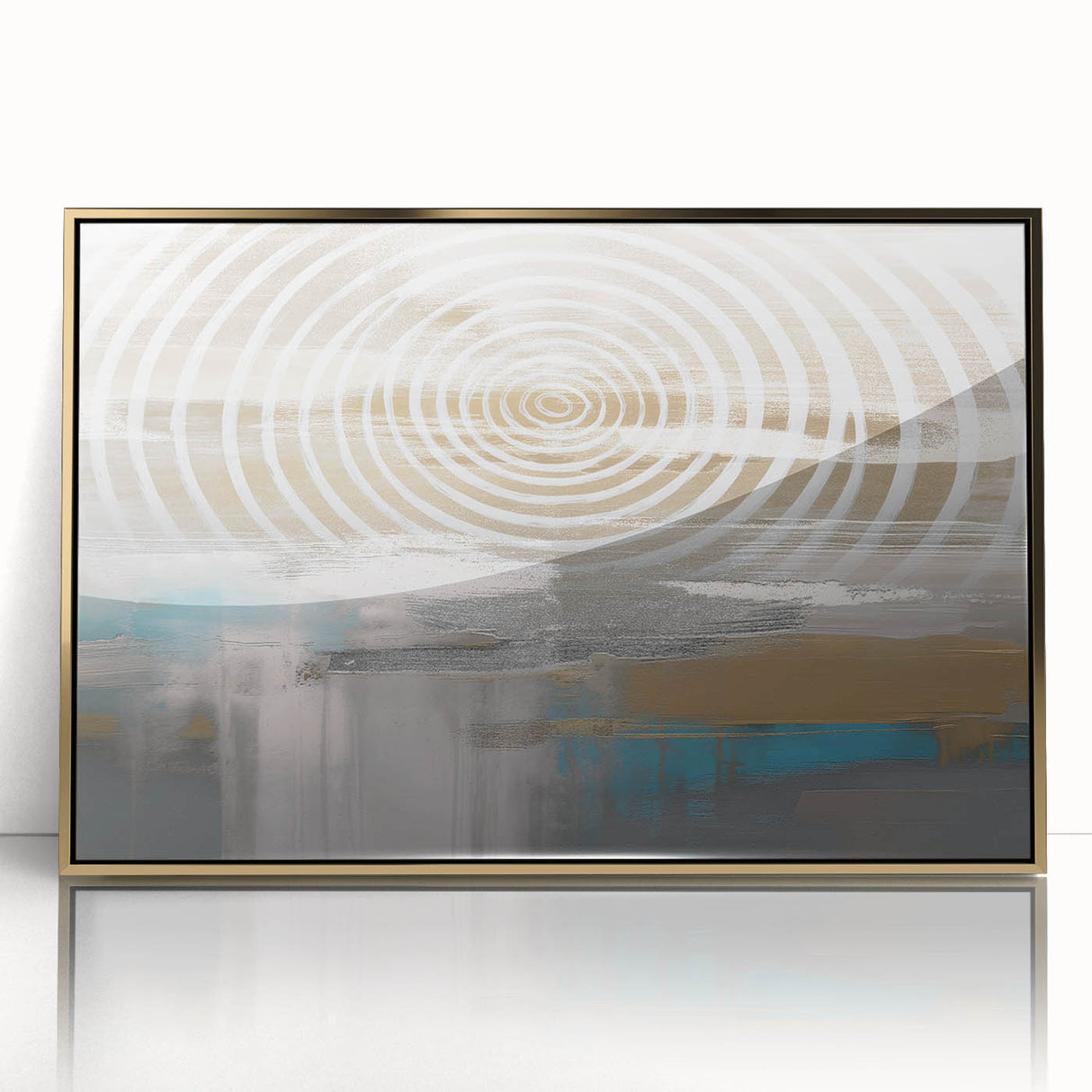 Framed abstract wall art featuring gold strokes and lines on a white background, perfect for modern decor in living spaces.