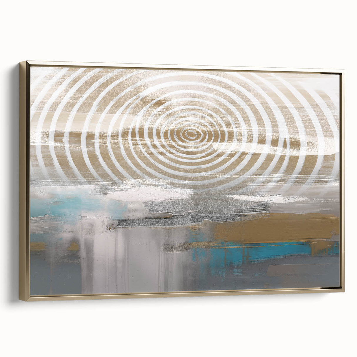 Framed abstract wall art showcasing elegant strokes and lines in gold and neutral tones, adding a modern touch to any decor.