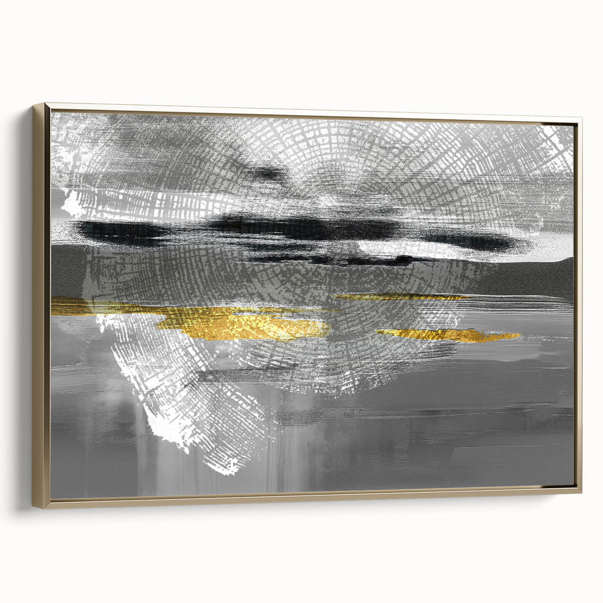 Framed wall art showcasing an abstract design with gold strokes and lines on a textured canvas, emphasizing modern elegance and sophistication.