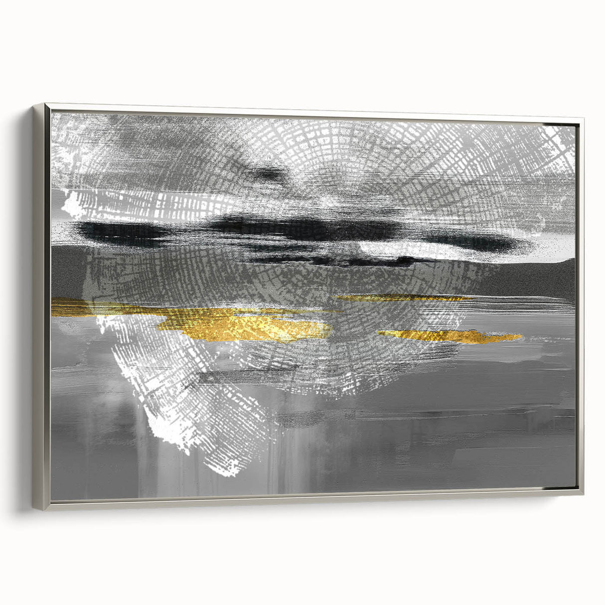 Framed abstract wall art with strokes and lines in shades of blue and silver, showcasing a modern design ideal for contemporary decor.
