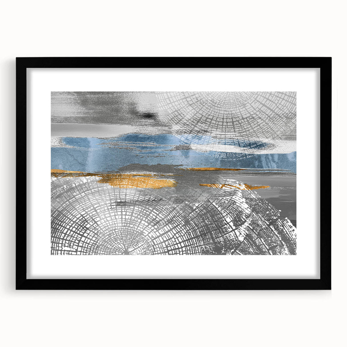 Framed abstract wall art featuring colorful strokes and lines in a modern design, set against a sleek black frame with matting.