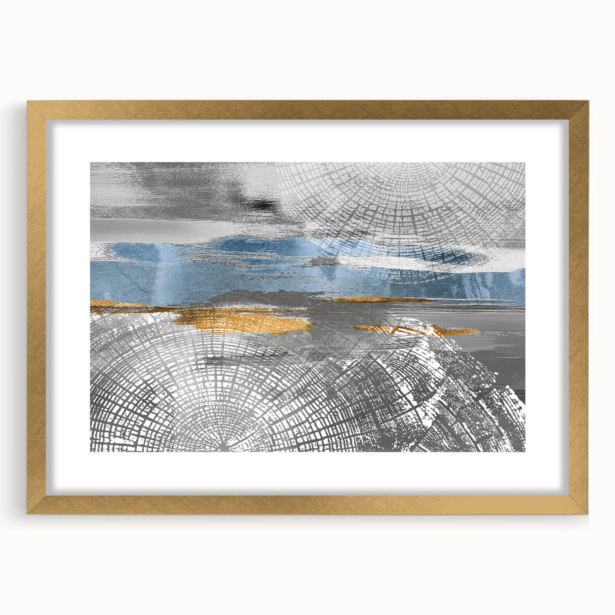 Abstract wall art featuring gold strokes and lines in a modern design, elegantly framed with a mat, perfect for contemporary decor.