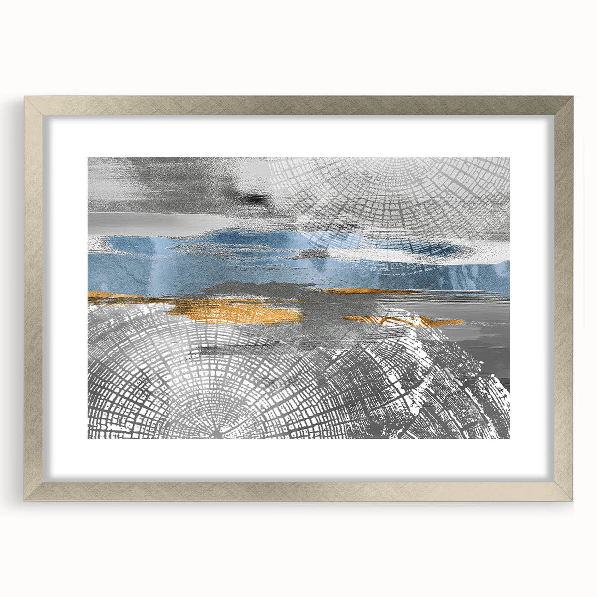 Framed abstract wall art featuring strokes and lines in muted tones, elegantly displayed with a silver mat and frame, perfect for modern decor.
