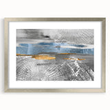 Framed abstract wall art featuring strokes and lines in muted tones, elegantly displayed with a silver mat and frame, perfect for modern decor.