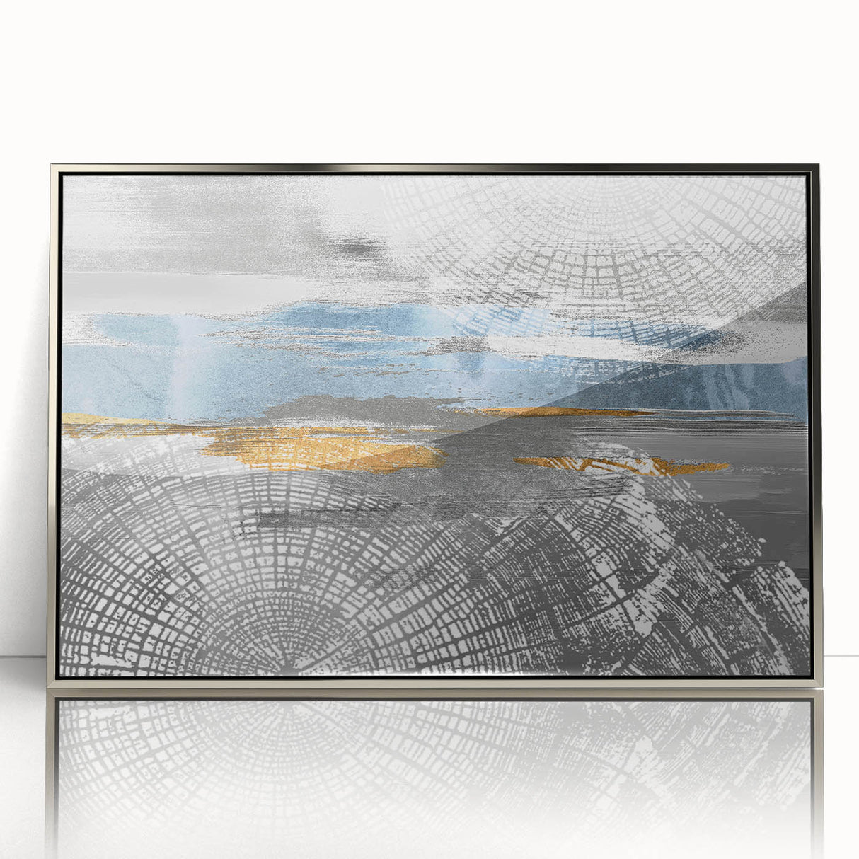 Framed abstract wall art showcasing dynamic strokes and lines in silver and blue hues, perfect for modern decor and artistic spaces.