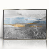 Framed abstract wall art showcasing dynamic strokes and lines in silver and blue hues, perfect for modern decor and artistic spaces.
