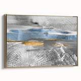 Abstract wall art featuring a modern design with gold strokes and lines, elegantly framed, showcasing a sophisticated side view for home decor.