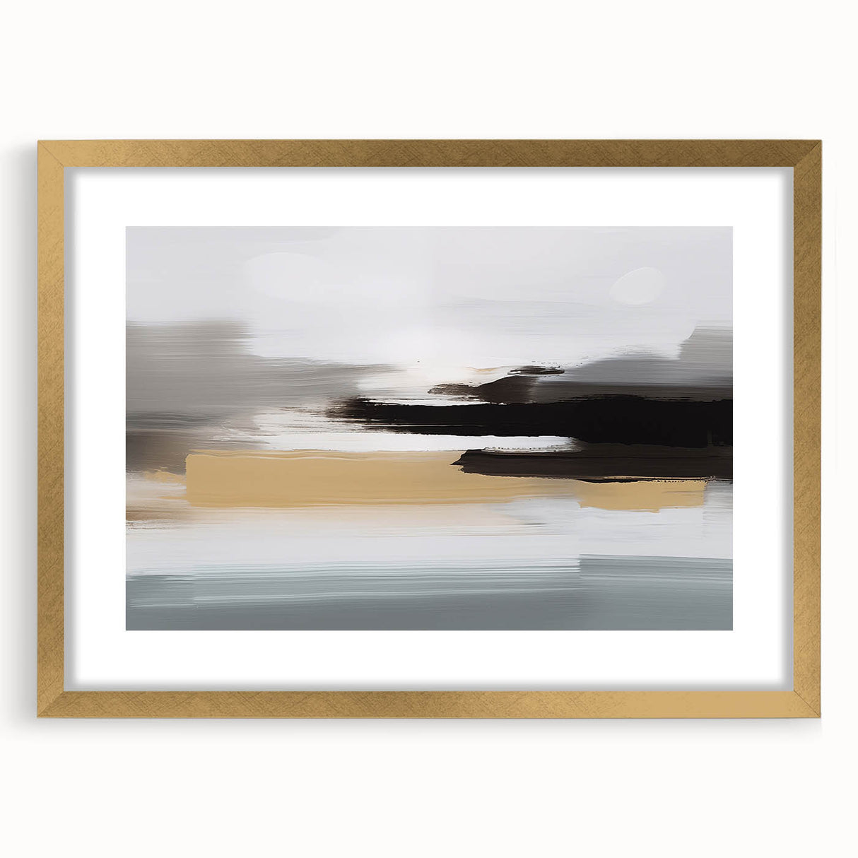 Abstract strokes and lines design in a gold-framed wall art piece, showcasing a modern aesthetic with elegant matting, perfect for contemporary decor.