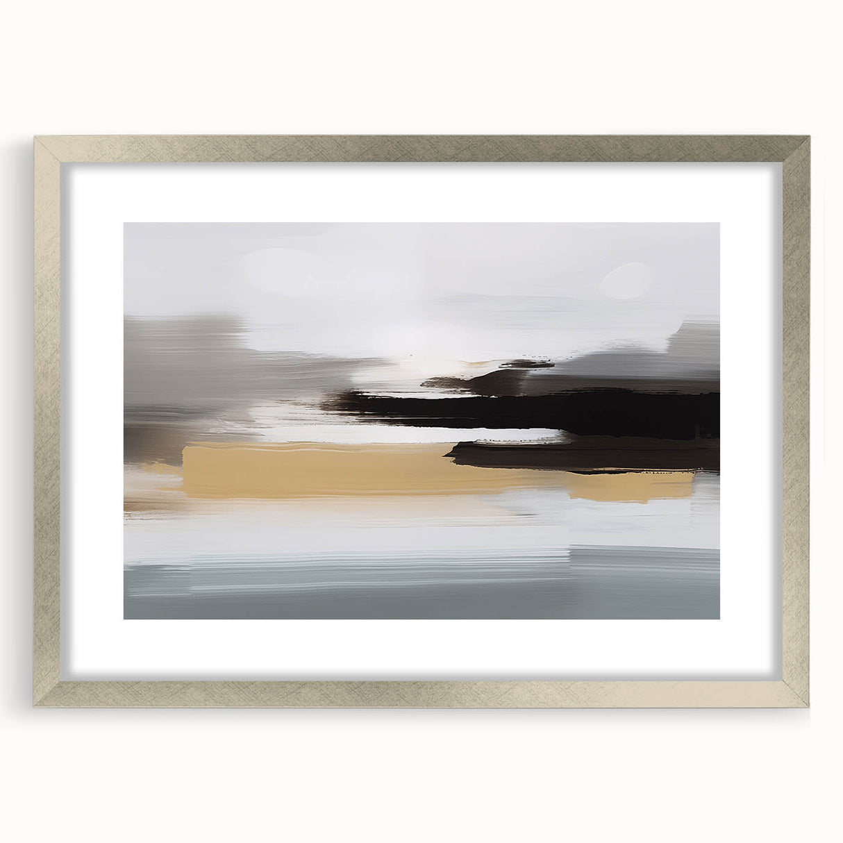 Abstract wall art design featuring colorful strokes and lines in a sleek silver frame with matting, perfect for modern home decor accents.