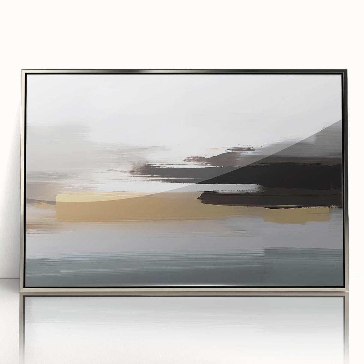Framed abstract wall art featuring dynamic strokes and lines in shades of gray and silver, adding a modern touch to any decor.