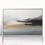 Framed wall art featuring an abstract design of colorful strokes and lines on a white background, adding modern elegance to home decor.