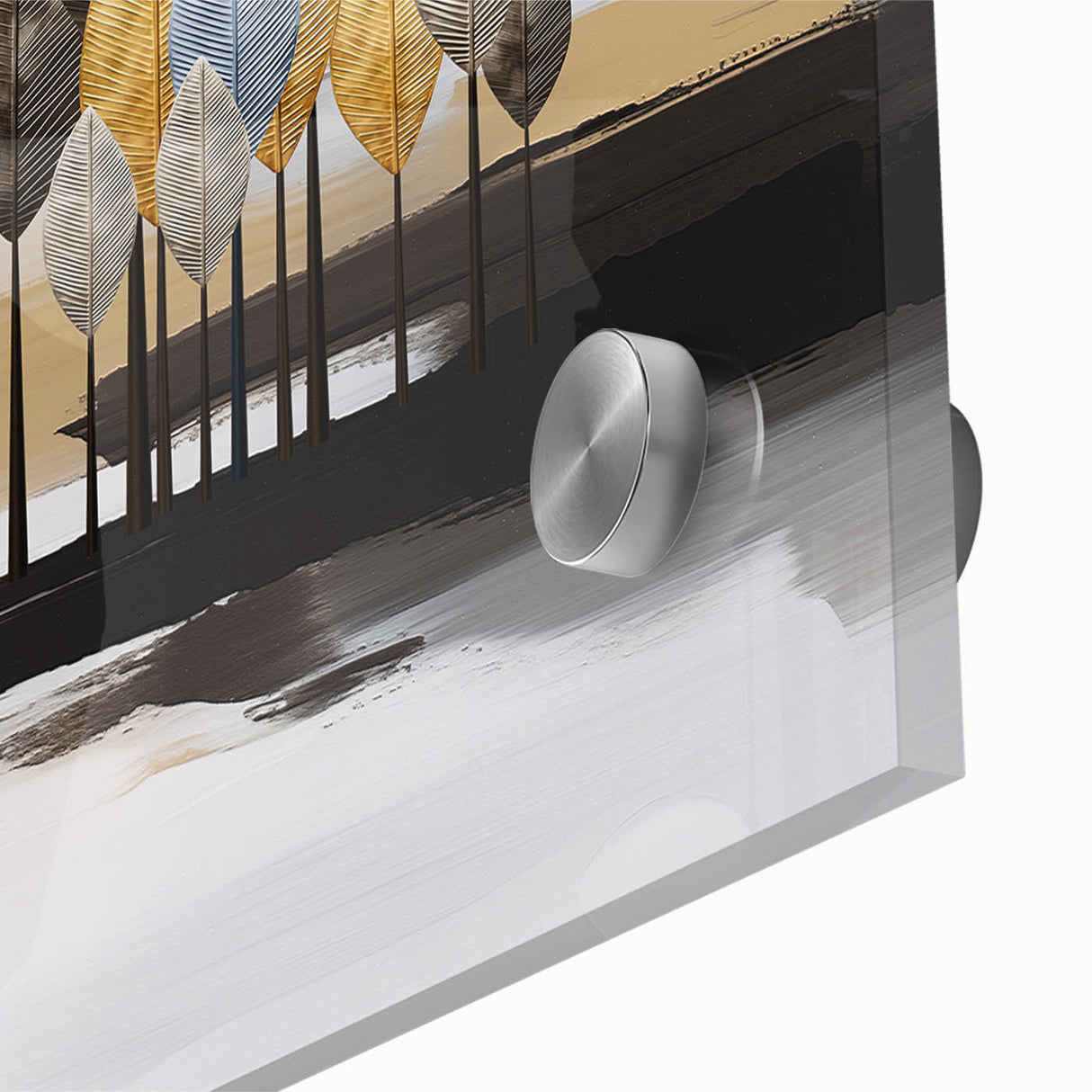 Close-up of abstract wall art featuring colorful strokes and lines on acrylic glass, showcasing vibrant hues and modern design elements.