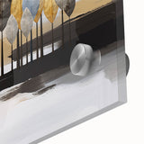 Close-up of abstract wall art featuring colorful strokes and lines on acrylic glass, showcasing vibrant hues and modern design elements.