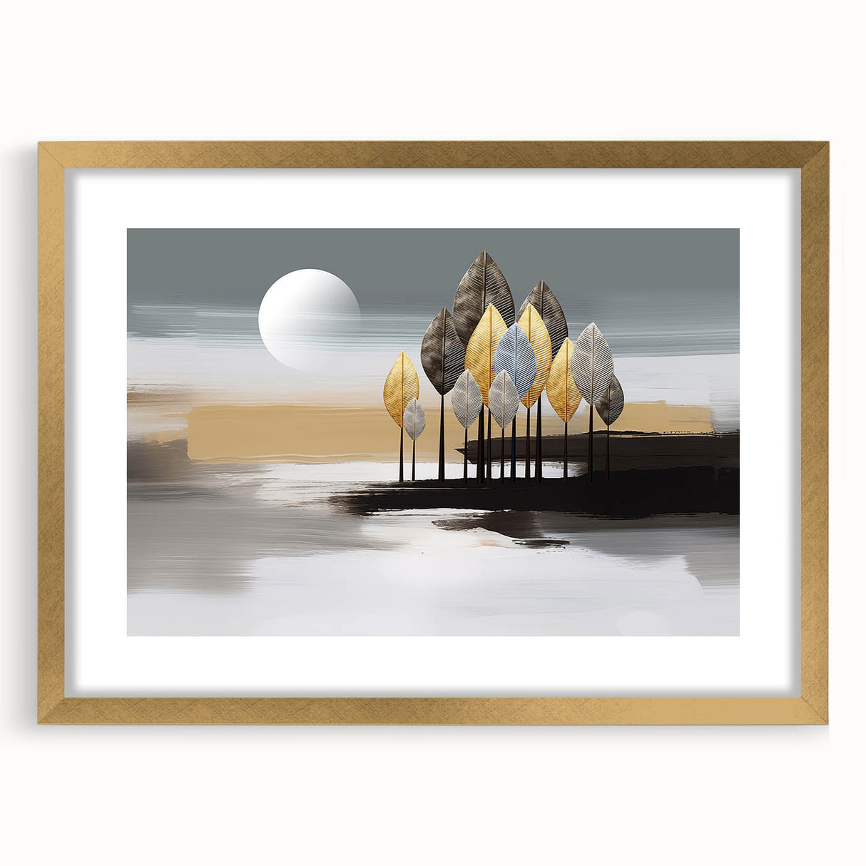Framed abstract wall art showcasing colorful strokes and lines in gold and black, elegantly displayed with a white mat for a modern aesthetic.