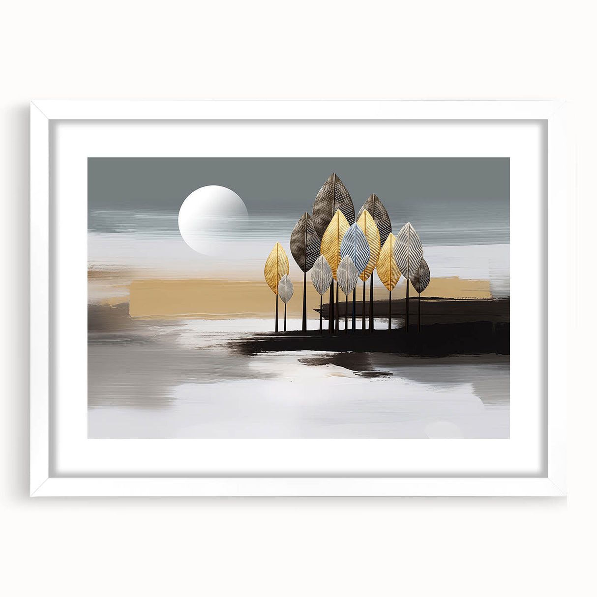 Framed abstract wall art design showcasing colorful strokes and lines on a white background, ideal for modern home decor.