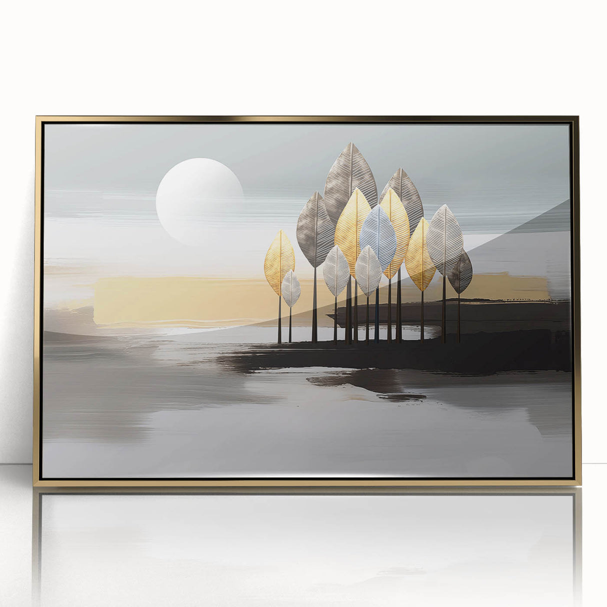 Framed abstract wall art piece showcasing an intricate design of colorful strokes and lines, finished with a sleek gold frame, perfect for modern decor.