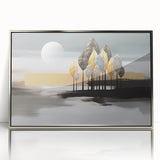 Framed abstract wall art featuring colorful strokes and lines in shades of blue, gold, and silver, perfect for modern home decor.