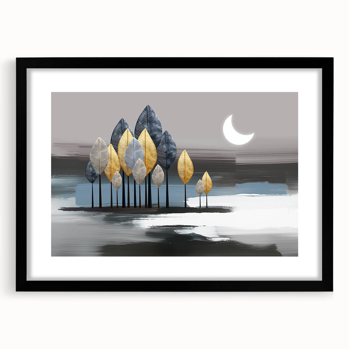 Framed abstract wall art showcasing a modern design of colorful strokes and lines, set against a black mat for a stylish finish.