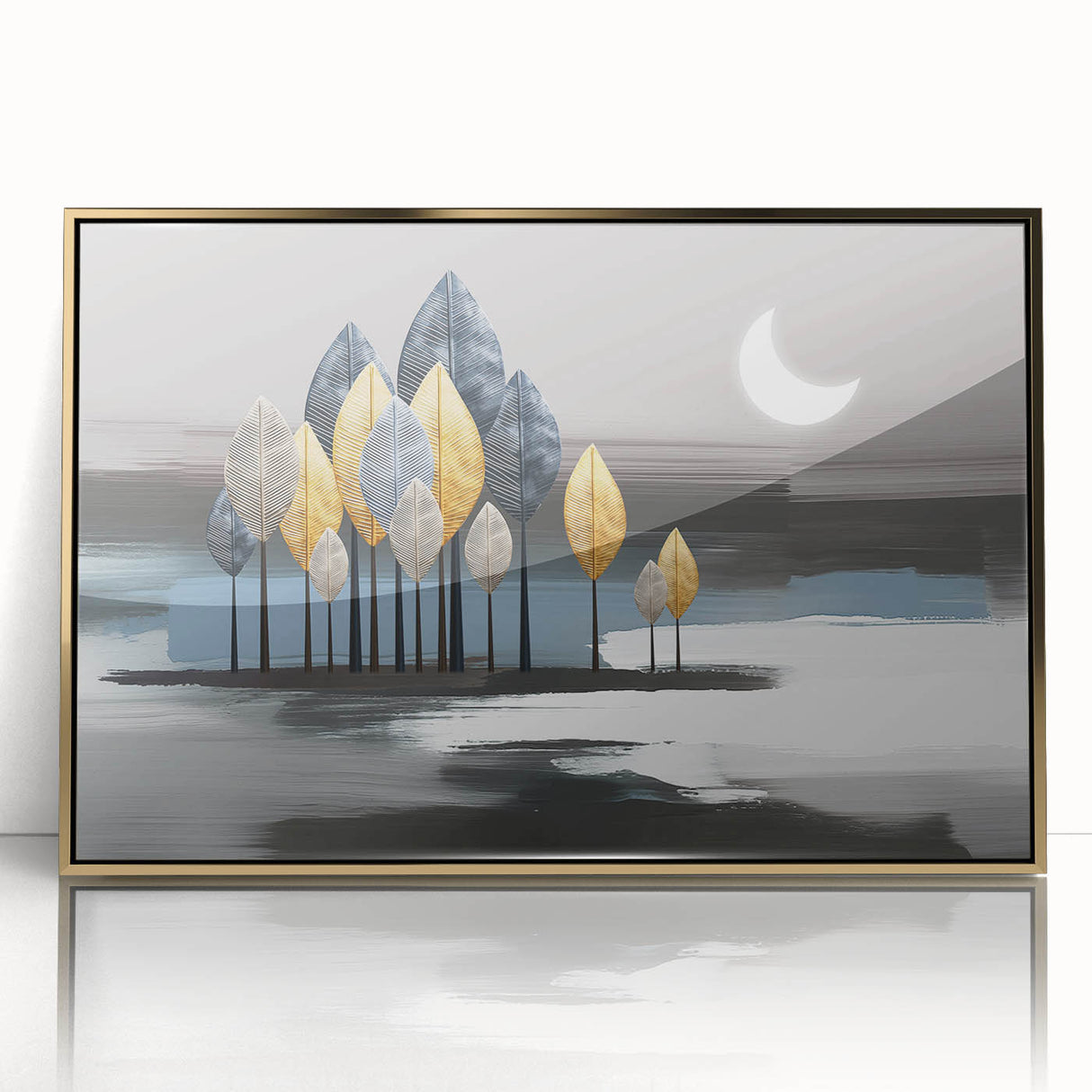 Abstract wall art featuring strokes and lines in gold tones, framed in acrylic, perfect for modern interior decor, adding elegance to any space.