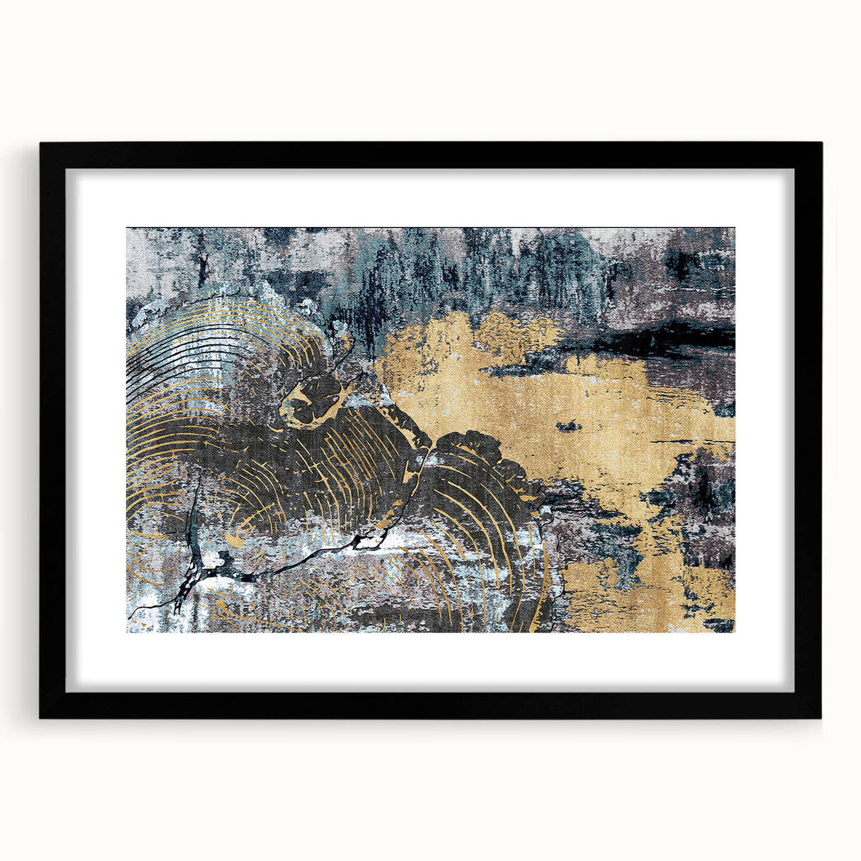Abstract wall art featuring bold strokes and lines in a modern design, framed with a black mat, showcasing a minimalist aesthetic suitable for contemporary decor.