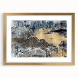 Abstract wall art design showcasing vibrant strokes and lines in gold and neutral tones, framed with a sleek mat, perfect for modern home decor.