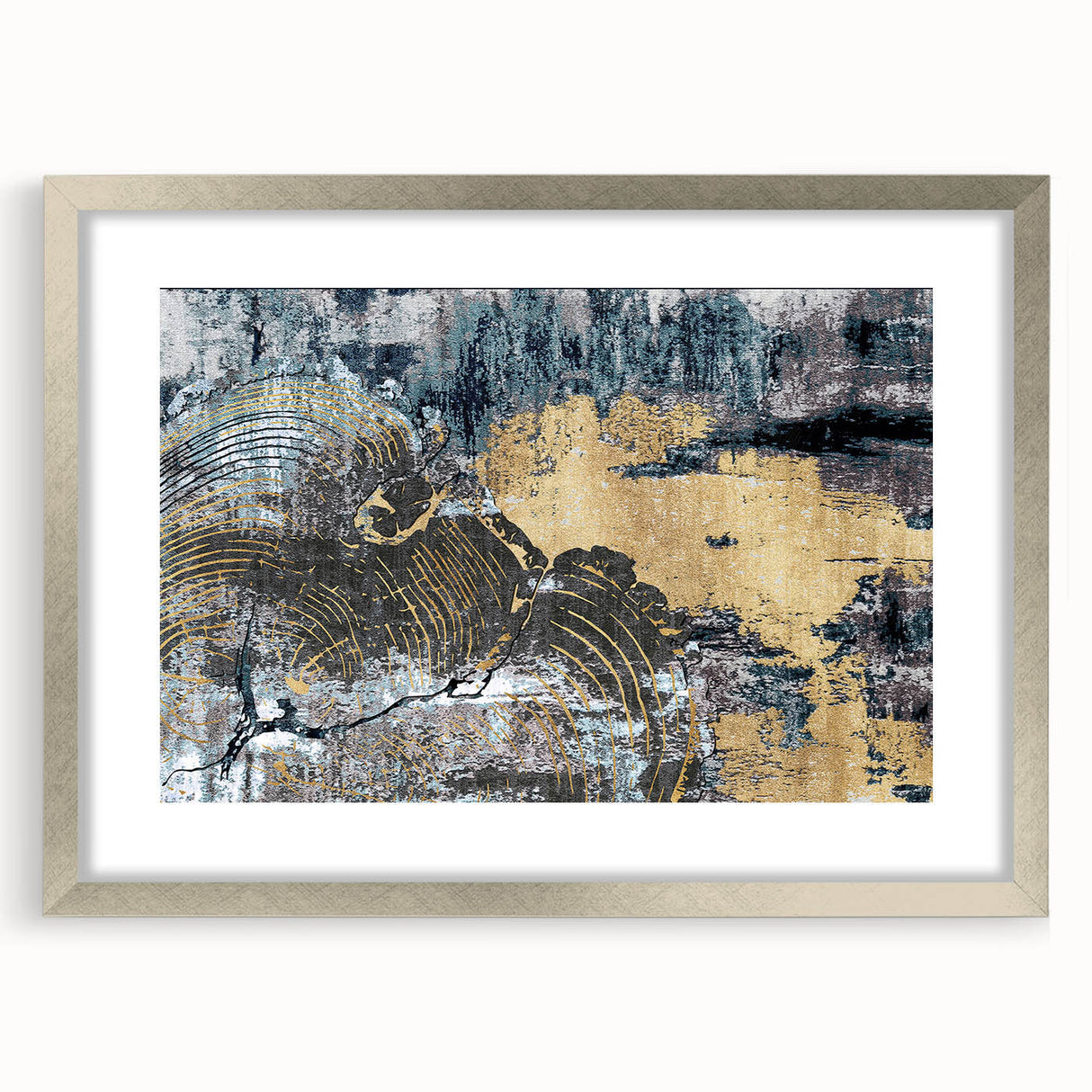 Abstract wall art featuring a modern design of colorful strokes and lines in a silver frame with matting, ideal for contemporary home decor.