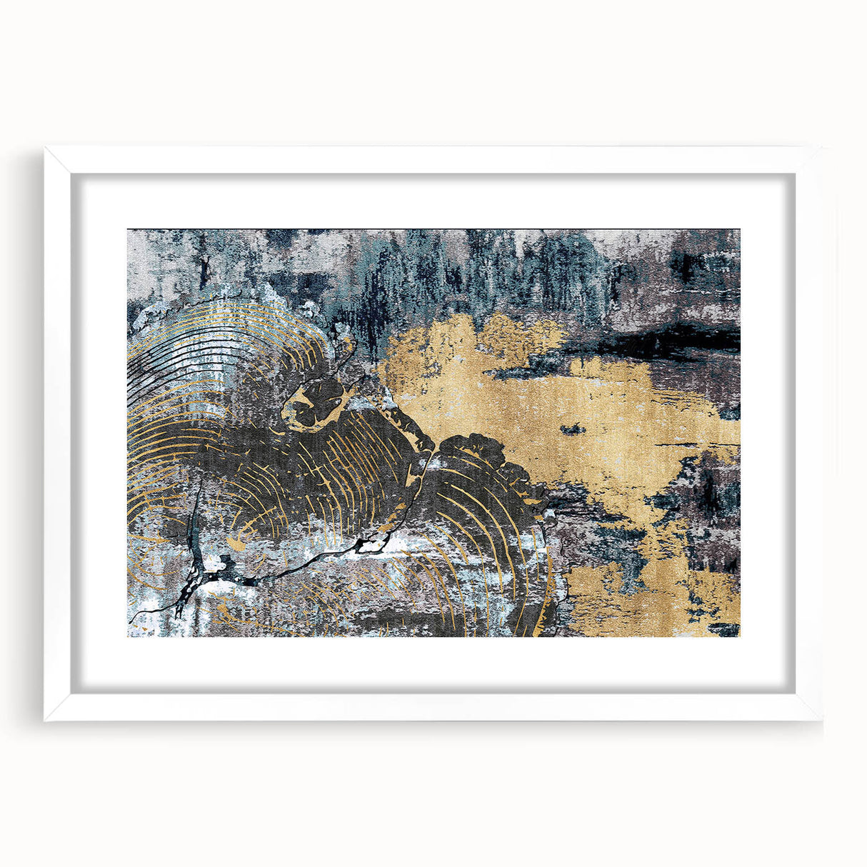 Abstract strokes and lines design wall art in a white frame with a mat, showcasing modern artistic elements ideal for contemporary home decor.