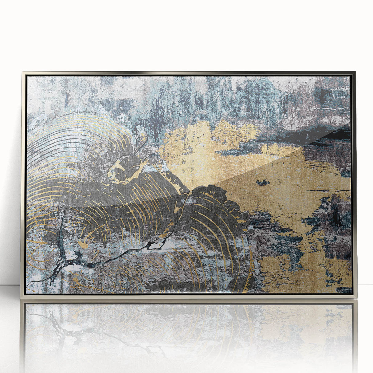 Framed wall art featuring an abstract design of colorful strokes and lines in silver and blue tones, adding a modern touch to any interior space.