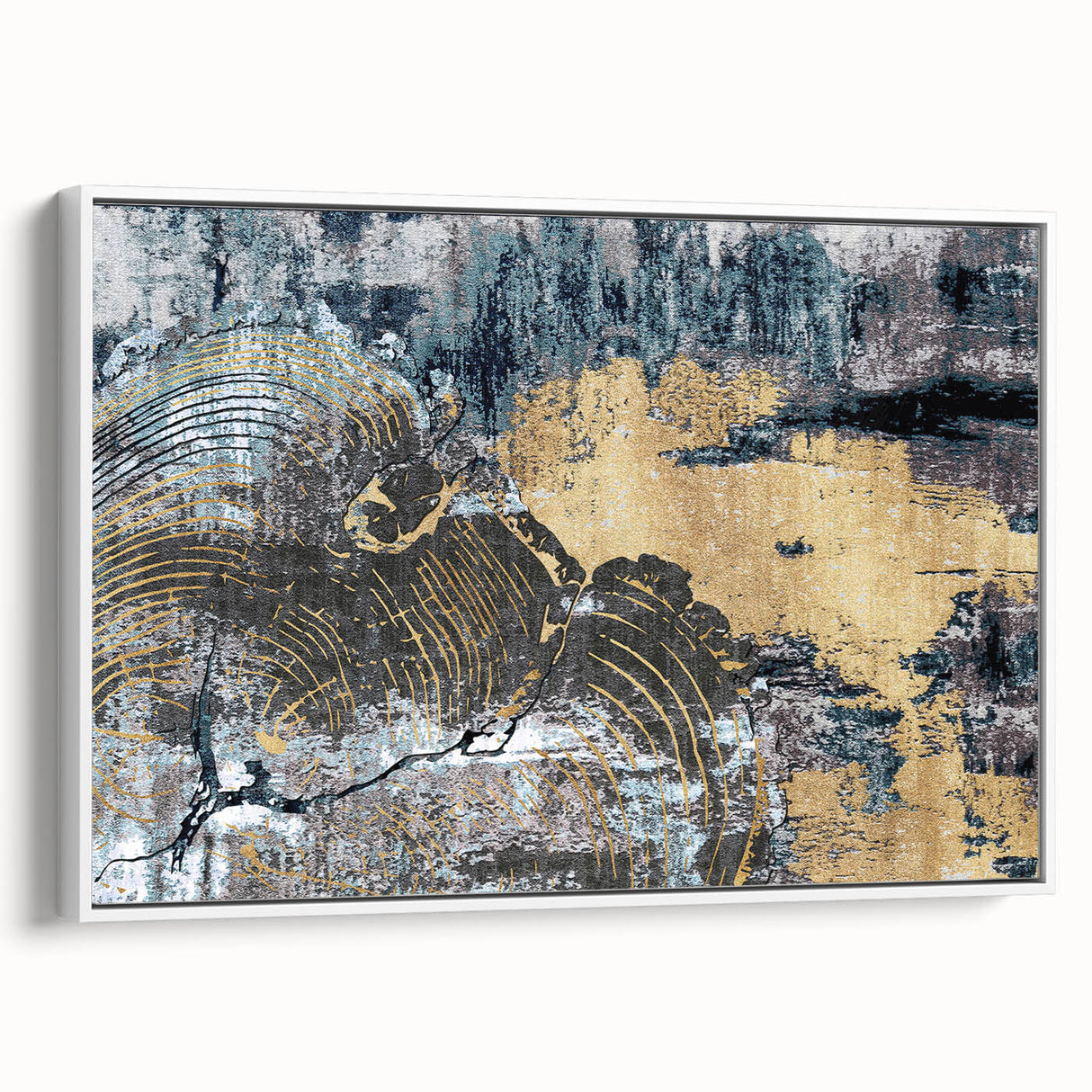 Framed canvas wall art showcasing an abstract design with colorful strokes and lines, presented in a sleek white frame, ideal for modern home decor.