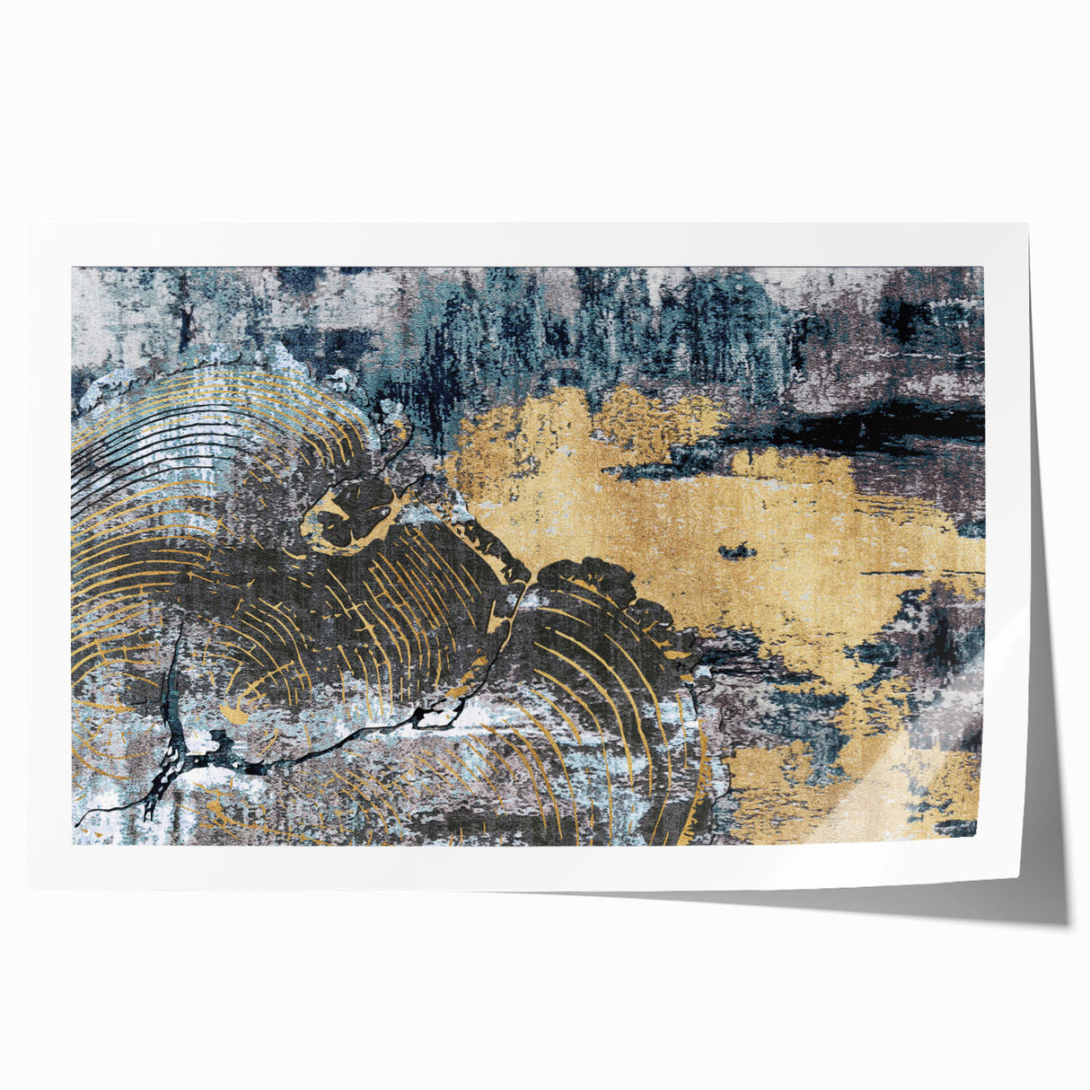 Abstract wall art print featuring vibrant strokes and lines in shades of blue, orange, and yellow, ideal for modern decor. Perfect for enhancing living spaces with a contemporary touch.