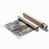 Abstract wall art print showcasing vibrant strokes and dynamic lines in a mix of blue, orange, and yellow hues, perfect for modern decor.