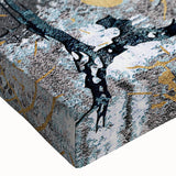 Close-up of an abstract canvas wall art design featuring vibrant strokes and lines in shades of blue, pink, and gold, perfect for modern home decor.