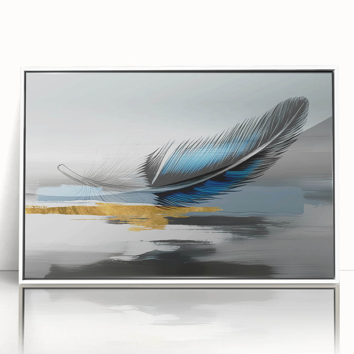 Framed wall art featuring an abstract design of colorful strokes and lines on a white background, perfect for modern home decor.