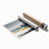 Abstract wall art print showcasing vibrant strokes and lines in shades of blue, orange, and yellow, perfect for modern home decor.