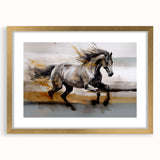 Framed abstract wall art featuring bold strokes and lines in gold and black, elegantly matted for a sophisticated decor accent.