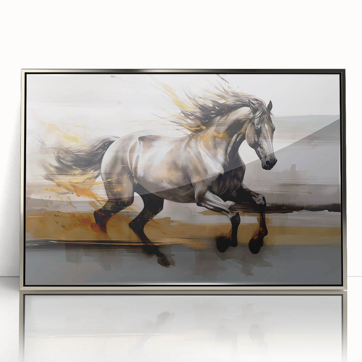 Framed abstract wall art showcasing dynamic strokes and lines in silver and gray hues, ideal for modern home decor or office spaces.